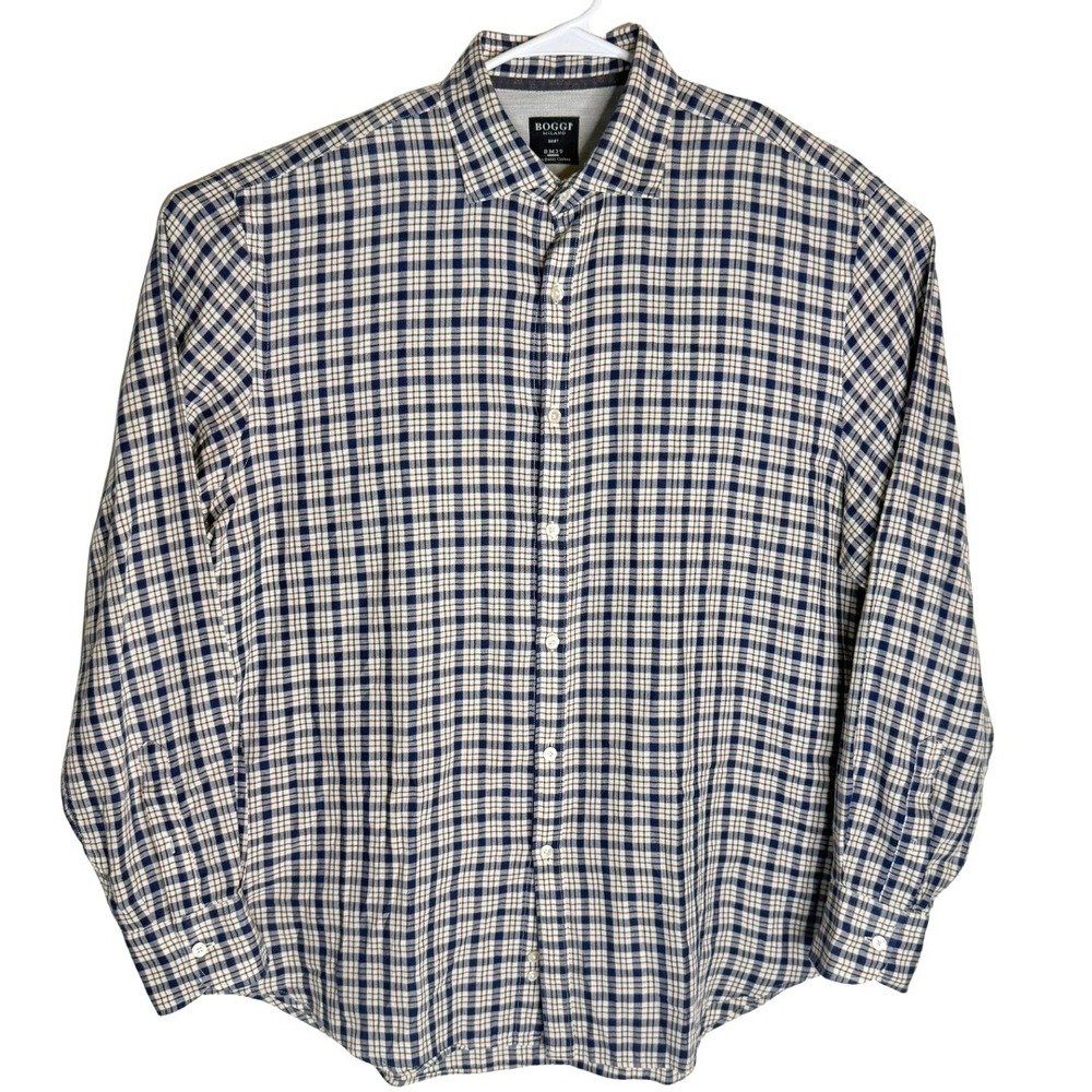 BOGGI‎ MILANO Men's Plaid Button Down Shirt XXL Blue Tan Long Sleeve Casual